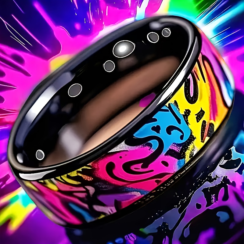 Women's 8mm Colorful Graffiti Inspired Stainless Steel Ring
